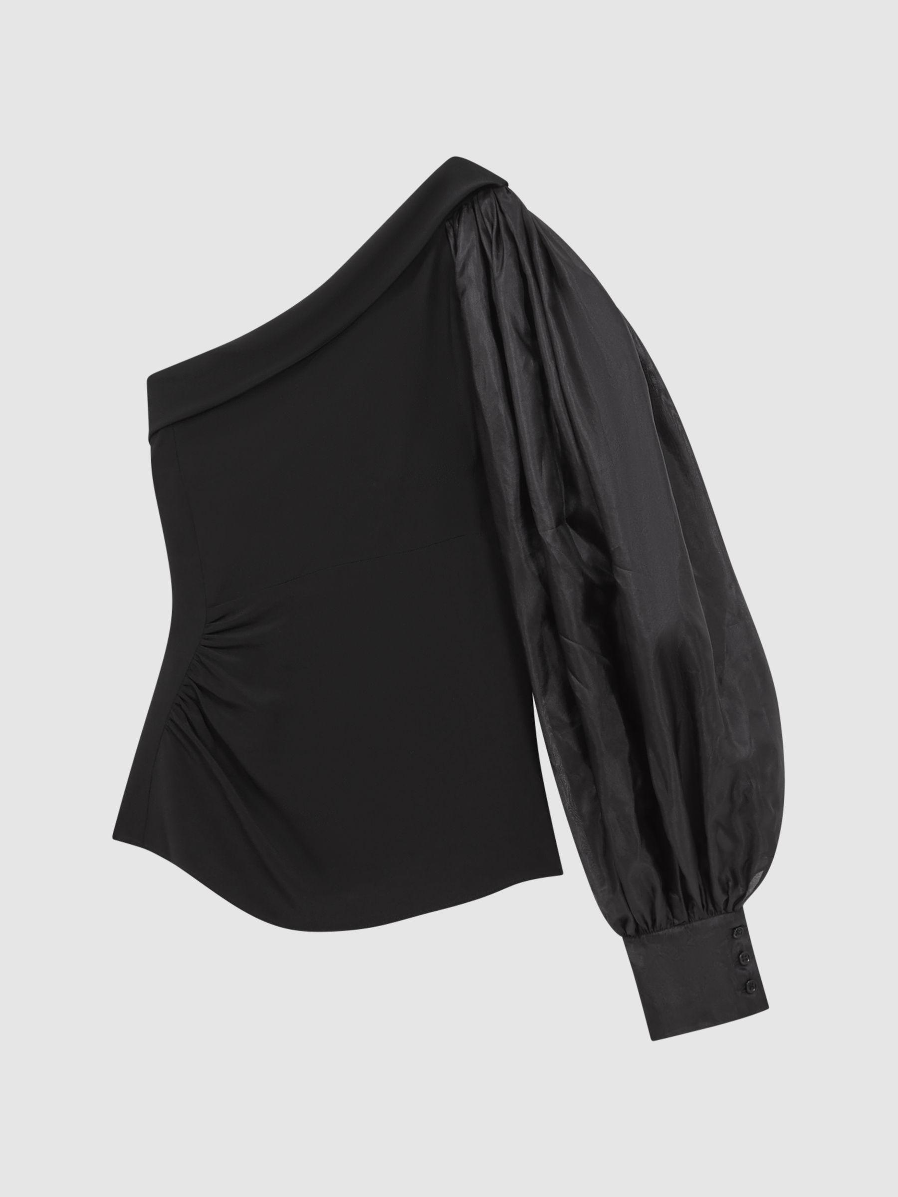 One-Shoulder Blouson Sleeve Ruche Top in Black Product Image