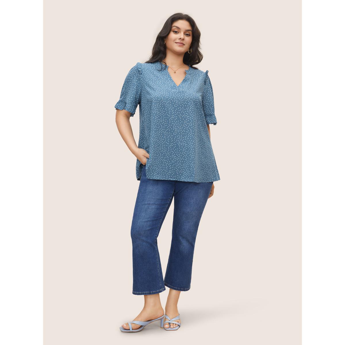 Polka Dot Ruffles Plus Size Women Blouses Elegance Casual Ruffles Ruffle Sleeve Short Sleeve V Neck Dailywear Blouses BloomChic Product Image