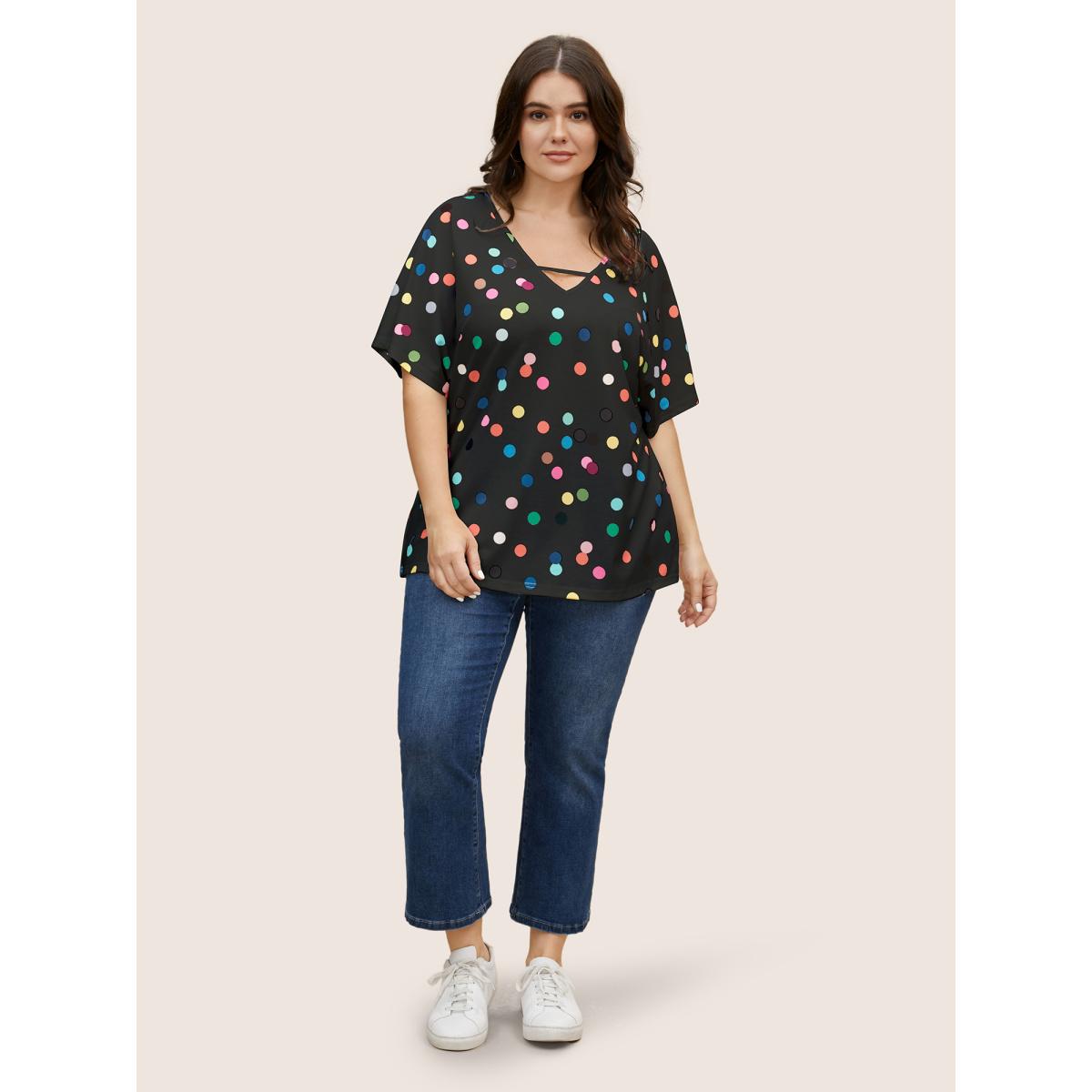 Plus Size Contrast Polka Dot Keyhole Dolman Sleeve T-shirt Black Women Casual Contrast Art&design V-neck Everyday T-shirts BloomChic 22-24/3X Product Image