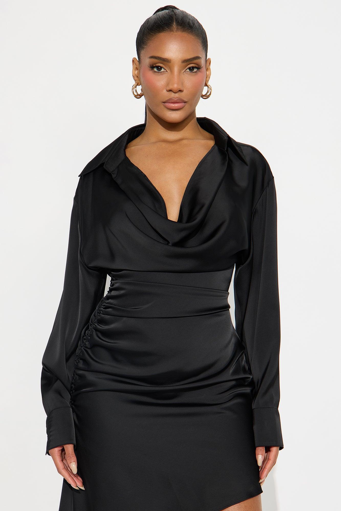 Sally Satin Shirt Mini Dress - Black Female Product Image