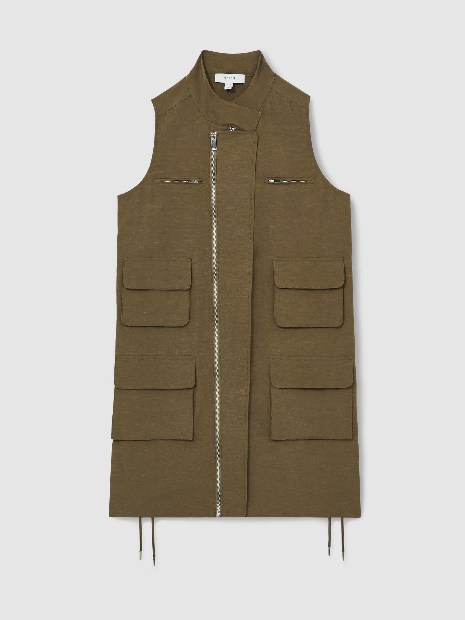 Utility Zip-Through Mini Dress With Linen in Khaki Product Image