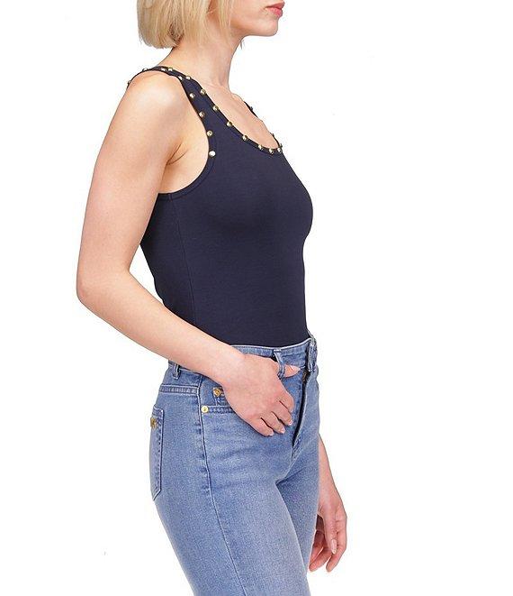 MICHAEL Michael Kors Cotton Stretch Double Knit Ribbed Scoop Neck Sleeveless Stud Tank Product Image