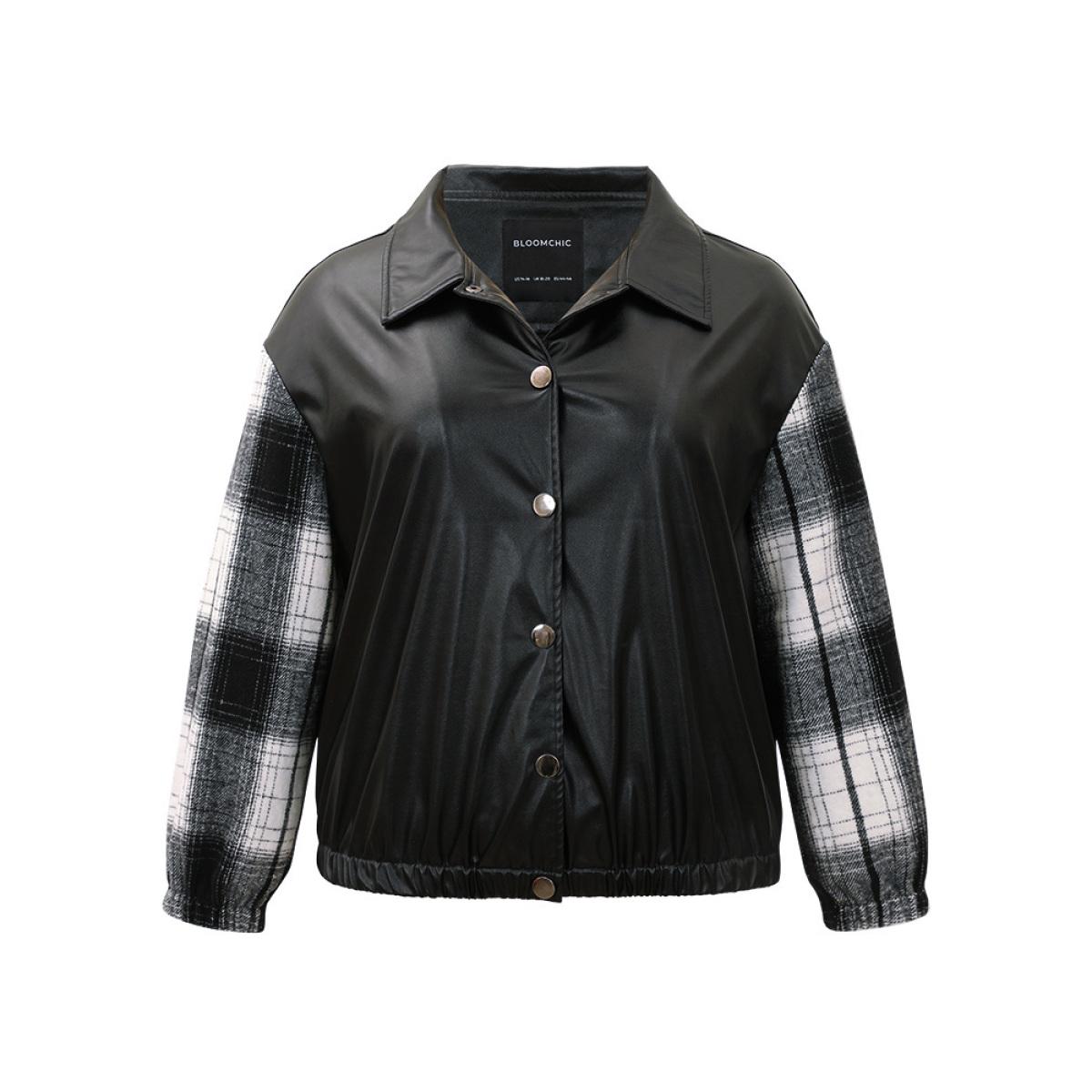 Plus Size Plaid Patchwork Contrast Button Up Jacket Women Black Elastic cuffs Dailywear Jackets BloomChic 22-24/3X Product Image