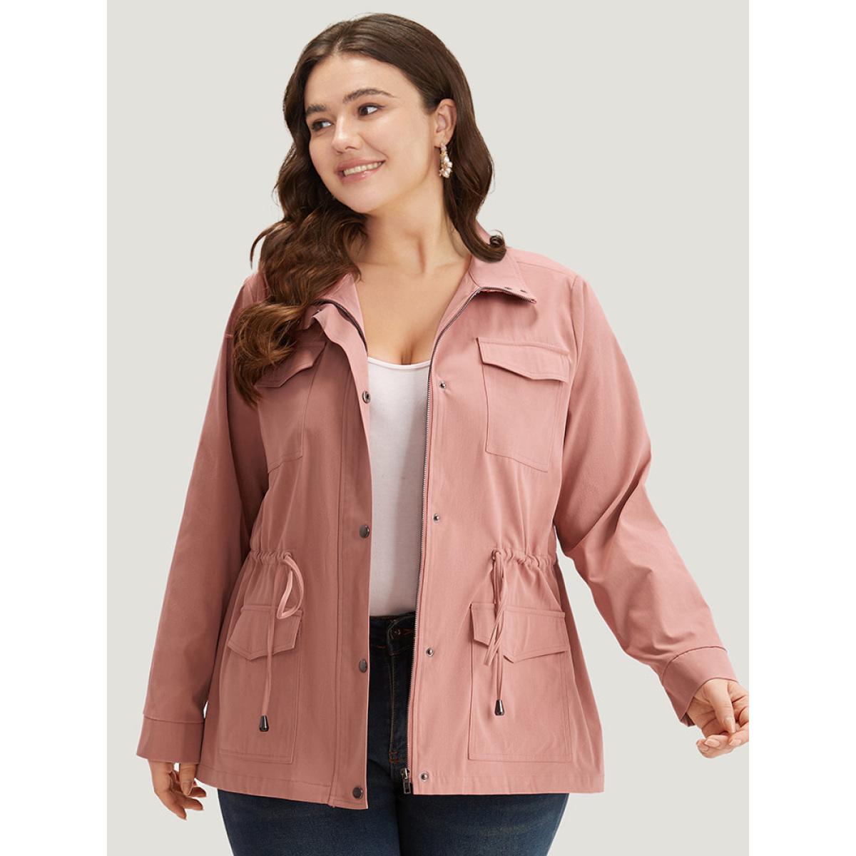 Plus Size Plain Pocket Button Through Drawstring Zipper Coat Women Rouge Plain Pocket Dailywear Jackets BloomChic 28/5X Product Image