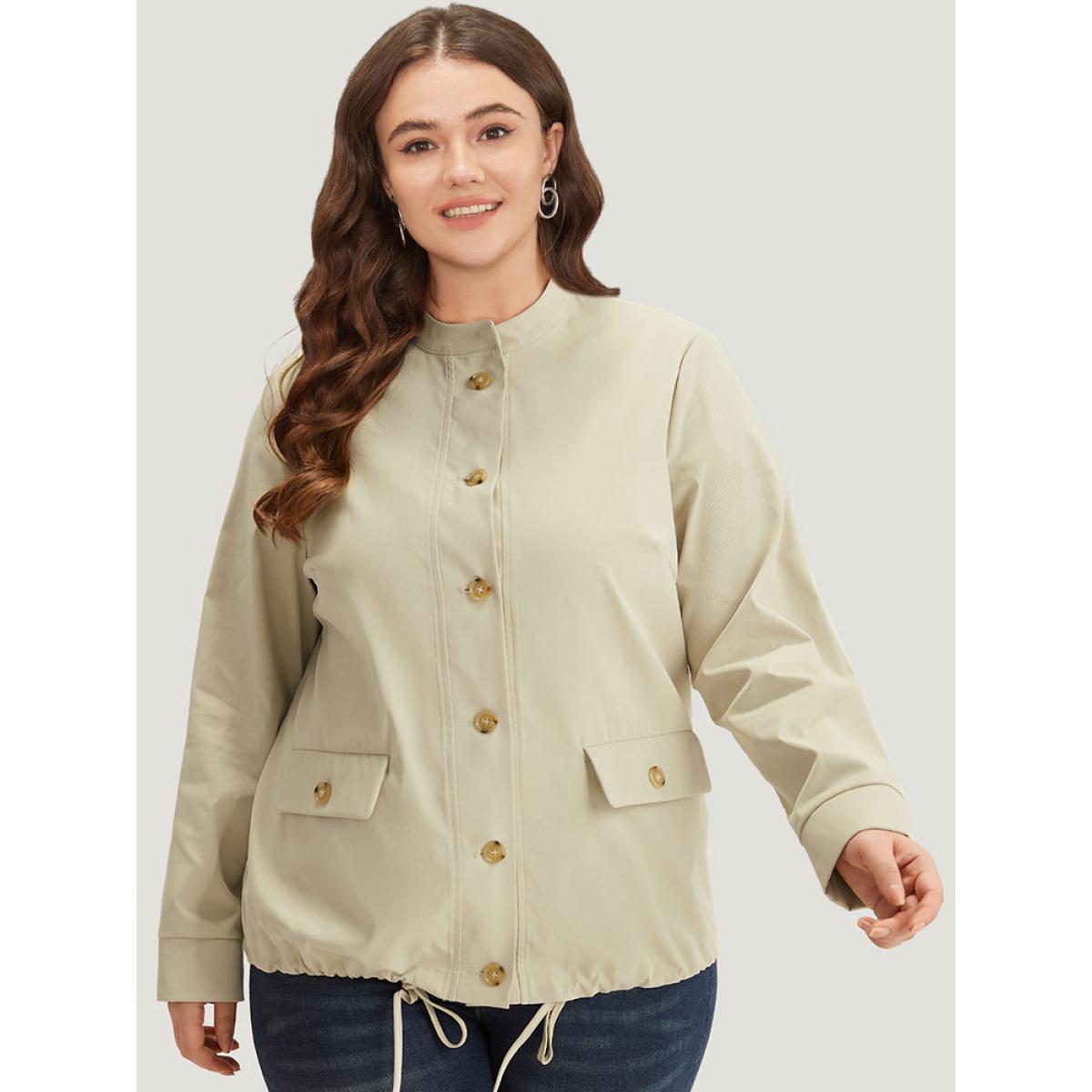 Plus Size Solid Stand Collar Drawstring Flap Pocket Jacket Women Ivory Casual Plain Ladies Dailywear Winter Coats BloomChic 28/5X Product Image