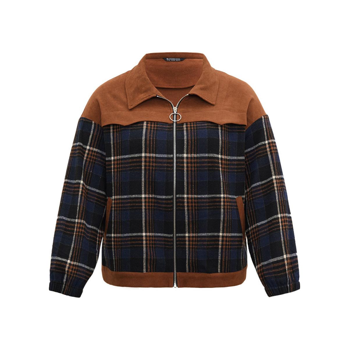 Plus Size Plaid Patchwork Pocket Lapel Collar Zipper Fly Jacket Women Multicolor Contrast Pocket Dailywear Jackets BloomChic 10/M Product Image