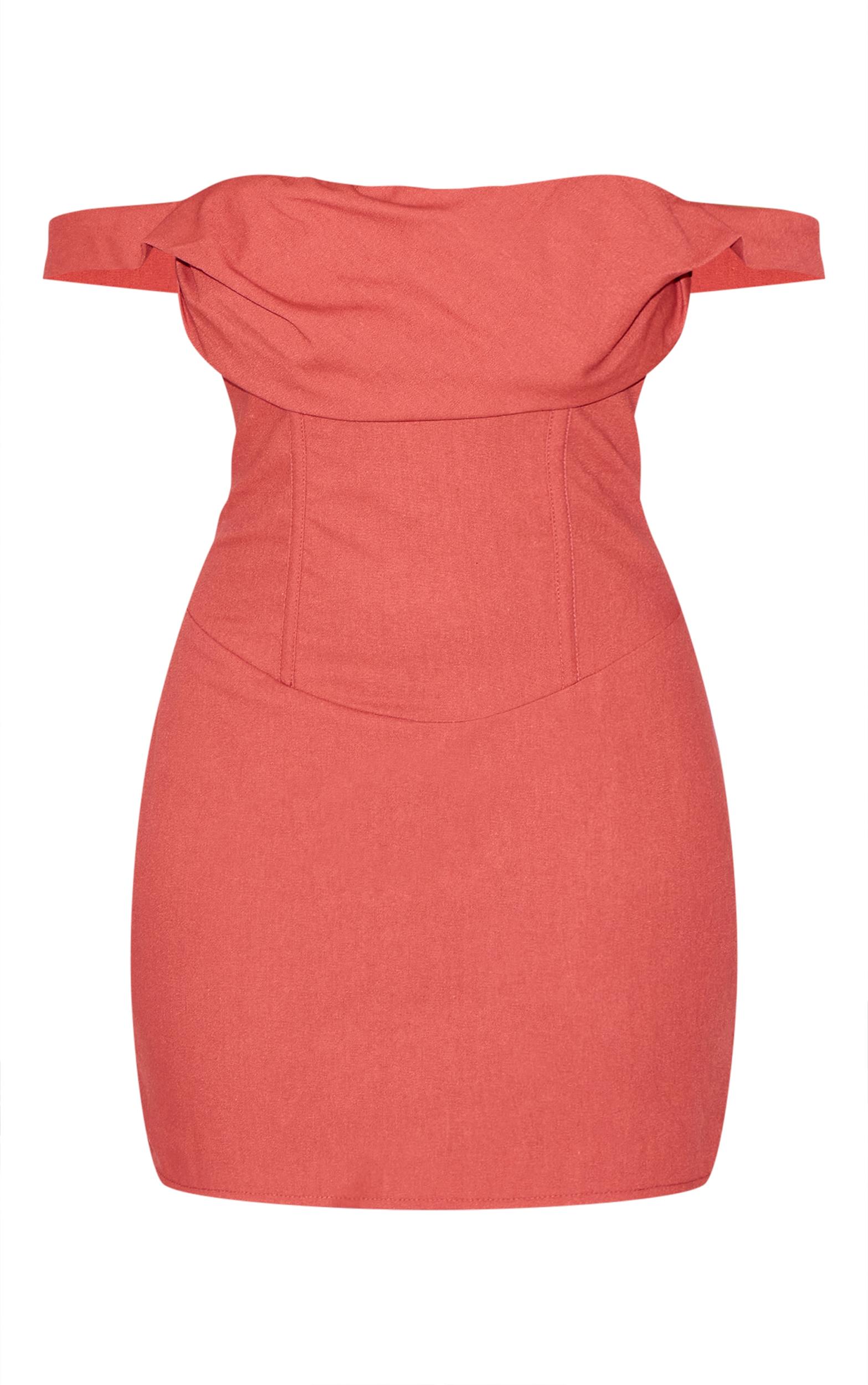 Burnt Orange Draped Bardot Corset Bodycon Dress Product Image