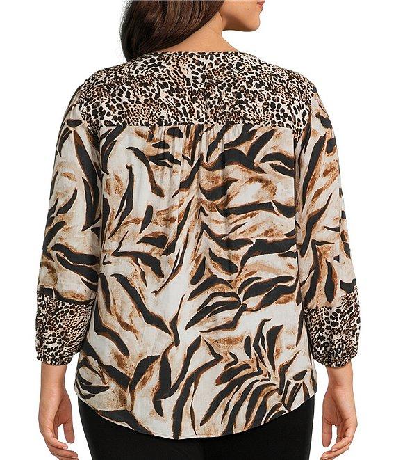 Westbound Plus Size Woven Mocha Sandy Leopard 3/4 Sleeve V-Neck Tie Blouse Product Image