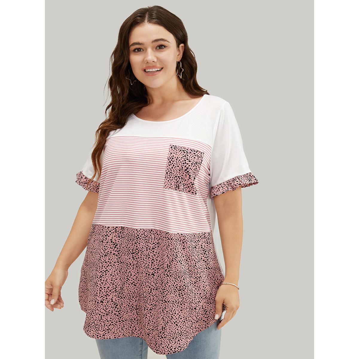 Plus Size Leopard & Striped Contrast Ruffle Sleeve Pocket T-shirt Rouge Women Casual Contrast Colorblock Round Neck Dailywear T-shirts BloomChic 10/M Product Image