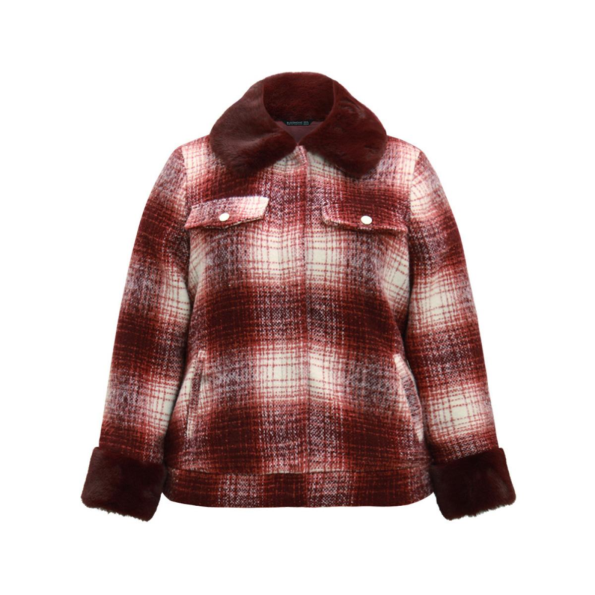 Plus Size Plaid Patchwork Button Through Fuzzy Trim Jacket Women Multicolor Lined Pocket Dailywear Jackets BloomChic 26/4X Product Image