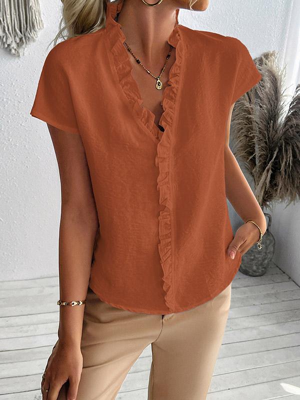 Loose Short Sleeves Ruffle Trim Solid Color V-Neck Blouses&Shirts Tops Product Image