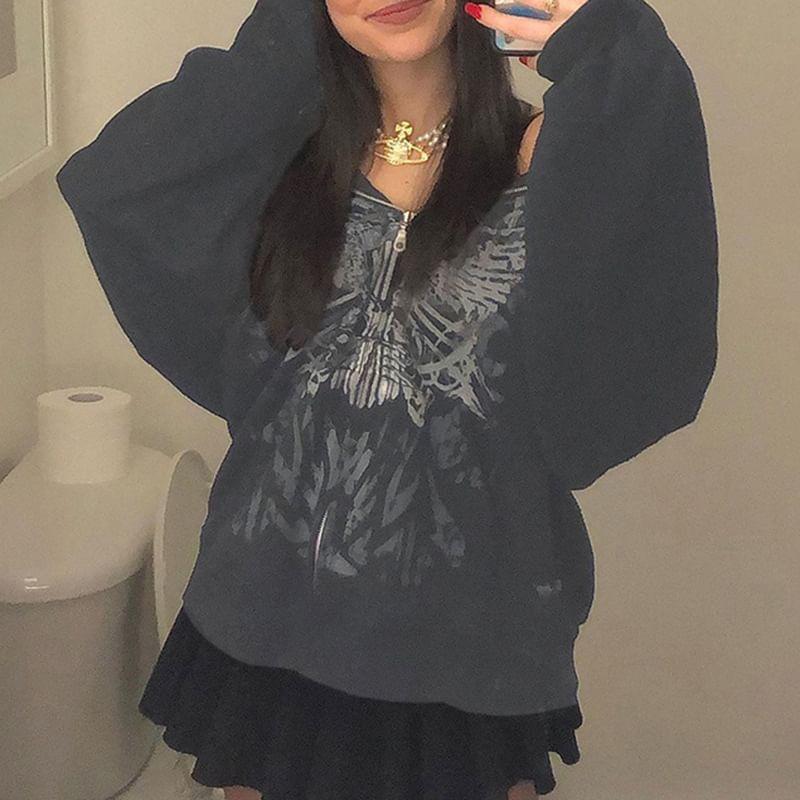 Oversized Butterfly Print Zip-Up Hoodie Product Image