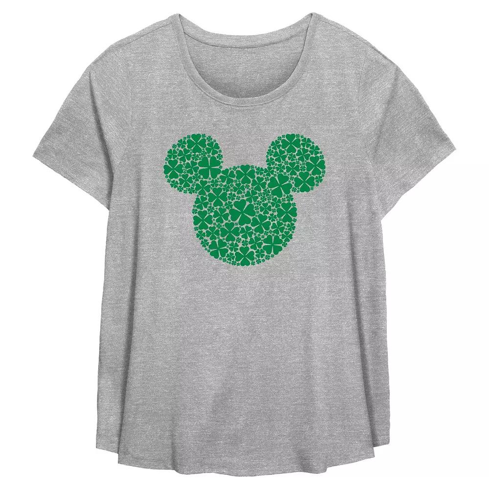 Disneys Mickey Mouse Shamrock Print Head Plus Size Flowy Graphic Tee, Womens Grey Gray Product Image