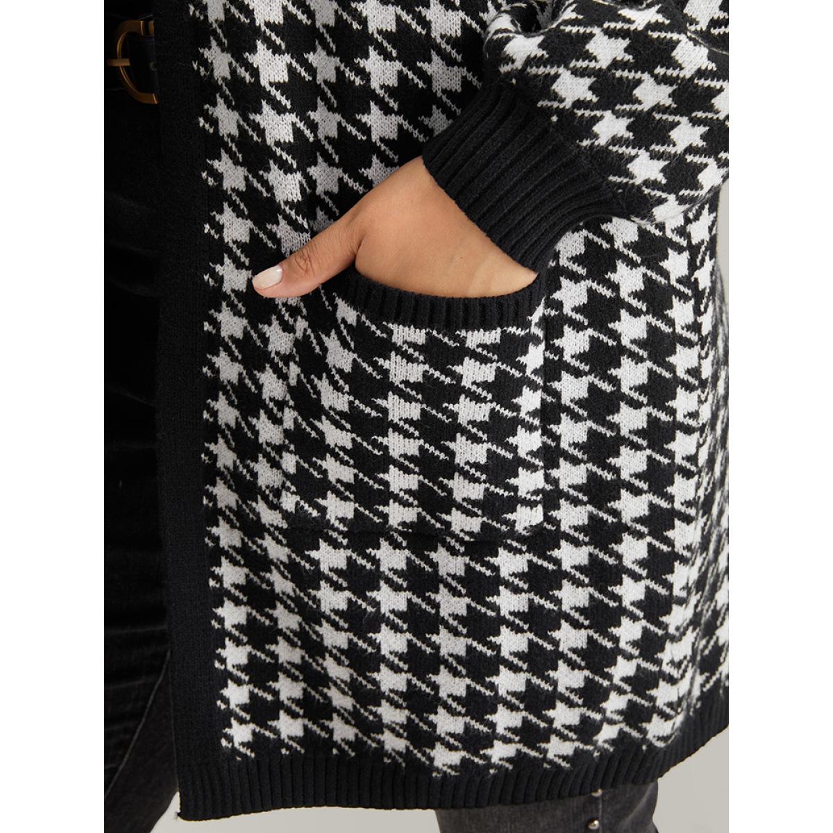 Plus Size Supersoft Essentials Houndstooth Pocket Elastic Cuffs Cardigan Black Women Casual Loose Long Sleeve Dailywear Cardigans BloomChic 14-16/1X Product Image