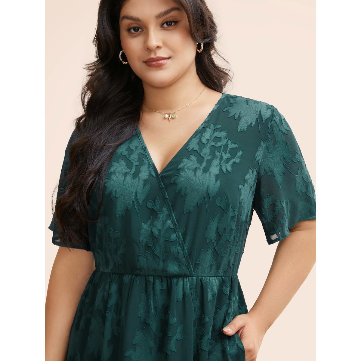 Plus Size Overlap Collar Jacquard Split Hem Dress Cyan Women Elegant Texture Overlap Collar Short sleeve Curvy BloomChic 22-24/3X Product Image