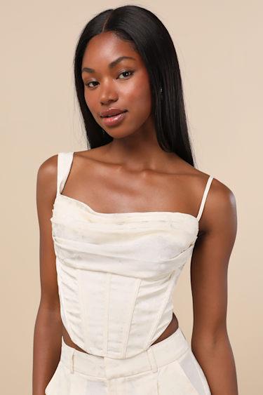 Karee Ivory Satin Asymmetrical Bustier Top Product Image