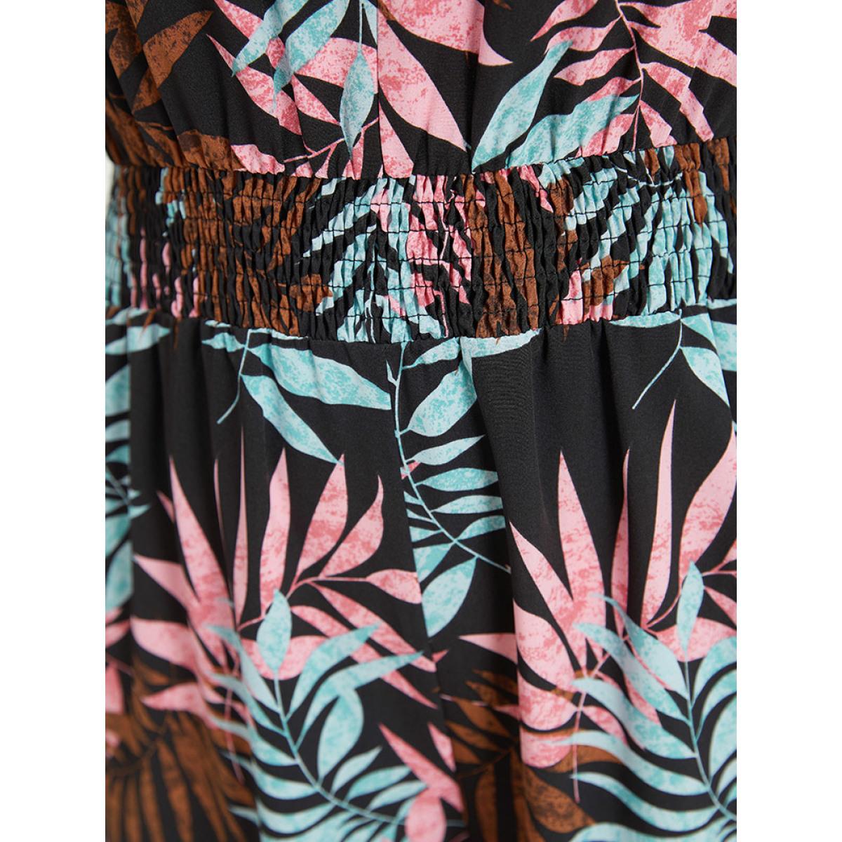 Plus Size Black Tropical Print Knot Neck Shirred Wrap Jumpsuit Women Elegant Short sleeve Tie Neck Dailywear Loose Jumpsuits BloomChic 12/L Product Image