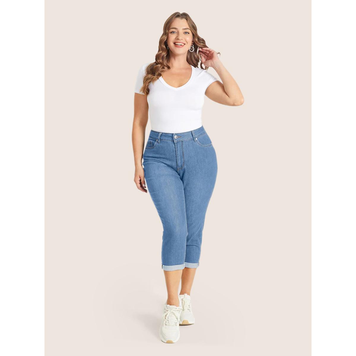 Plus Size Very Stretchy High Rise Dark Wash Cropped Jeans Women LightBlue Leisure Plain High stretch Slanted pocket Jeans BloomChic 16/1X Product Image