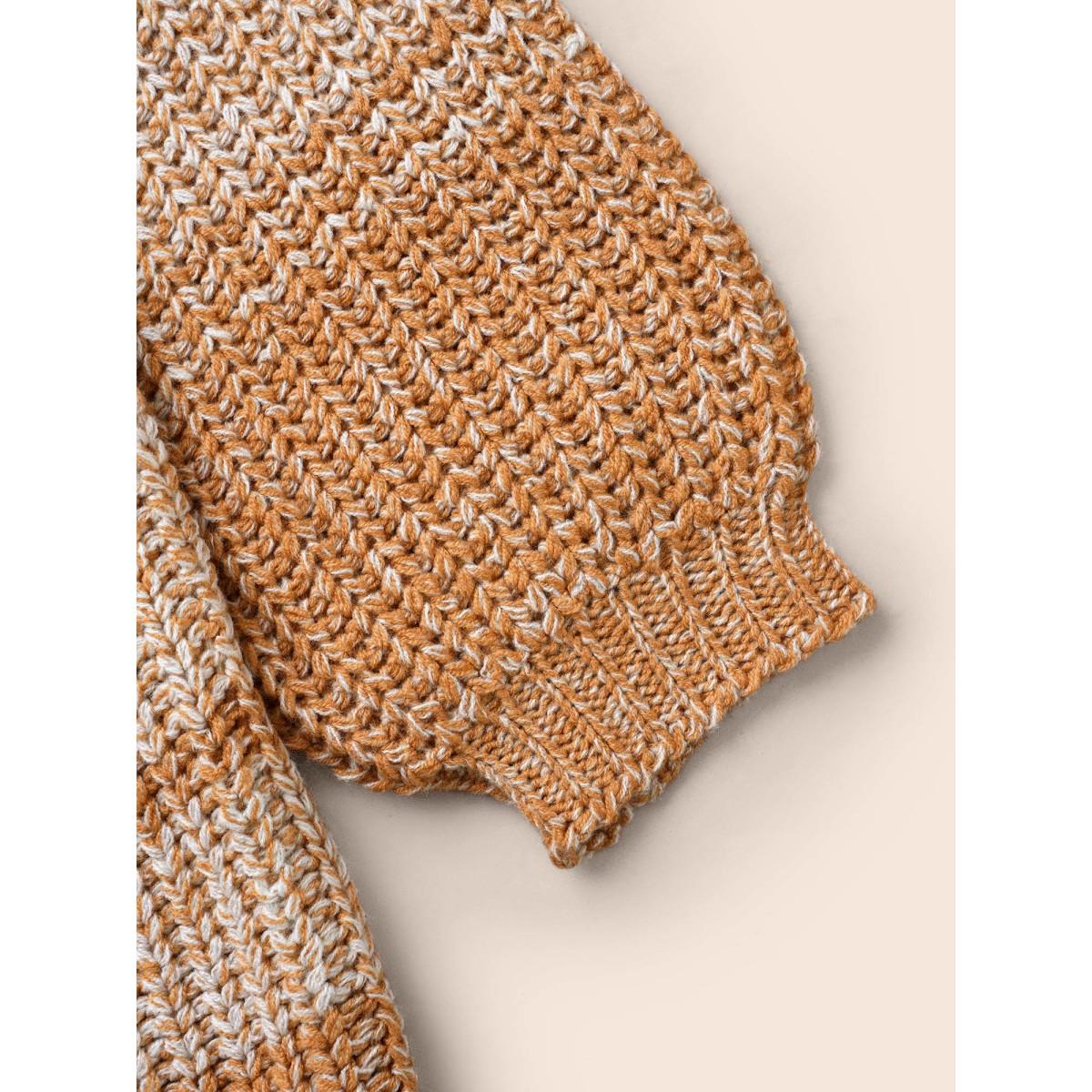 Plus Size Colorblock Contrast Puff Sleeve Pullover DarkBrown Women Casual Loose Long Sleeve V-neck Everyday Pullovers BloomChic 28/5X Product Image