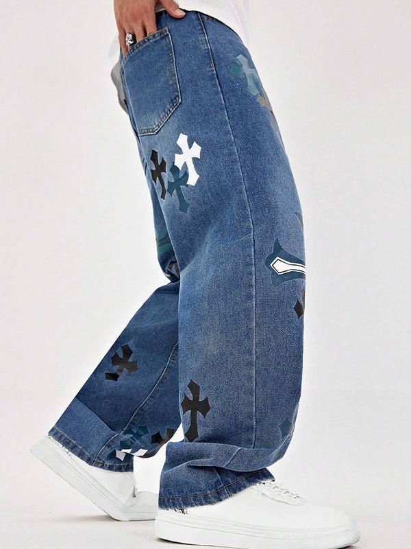 Men's Clashing Cross Print Loose Jeans Product Image