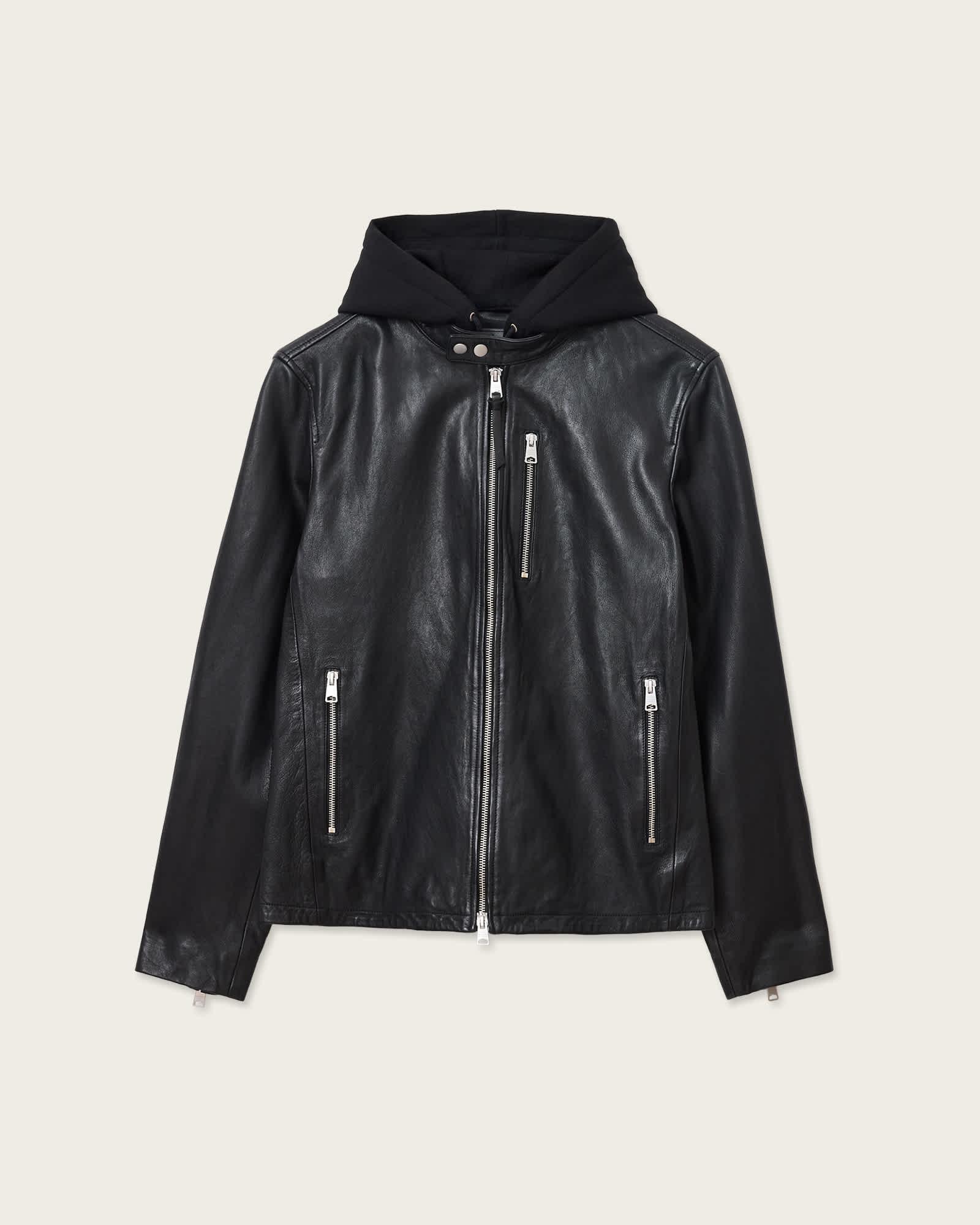 Ashton Hooded Leather Jacket Black | ALLSAINTS US Product Image