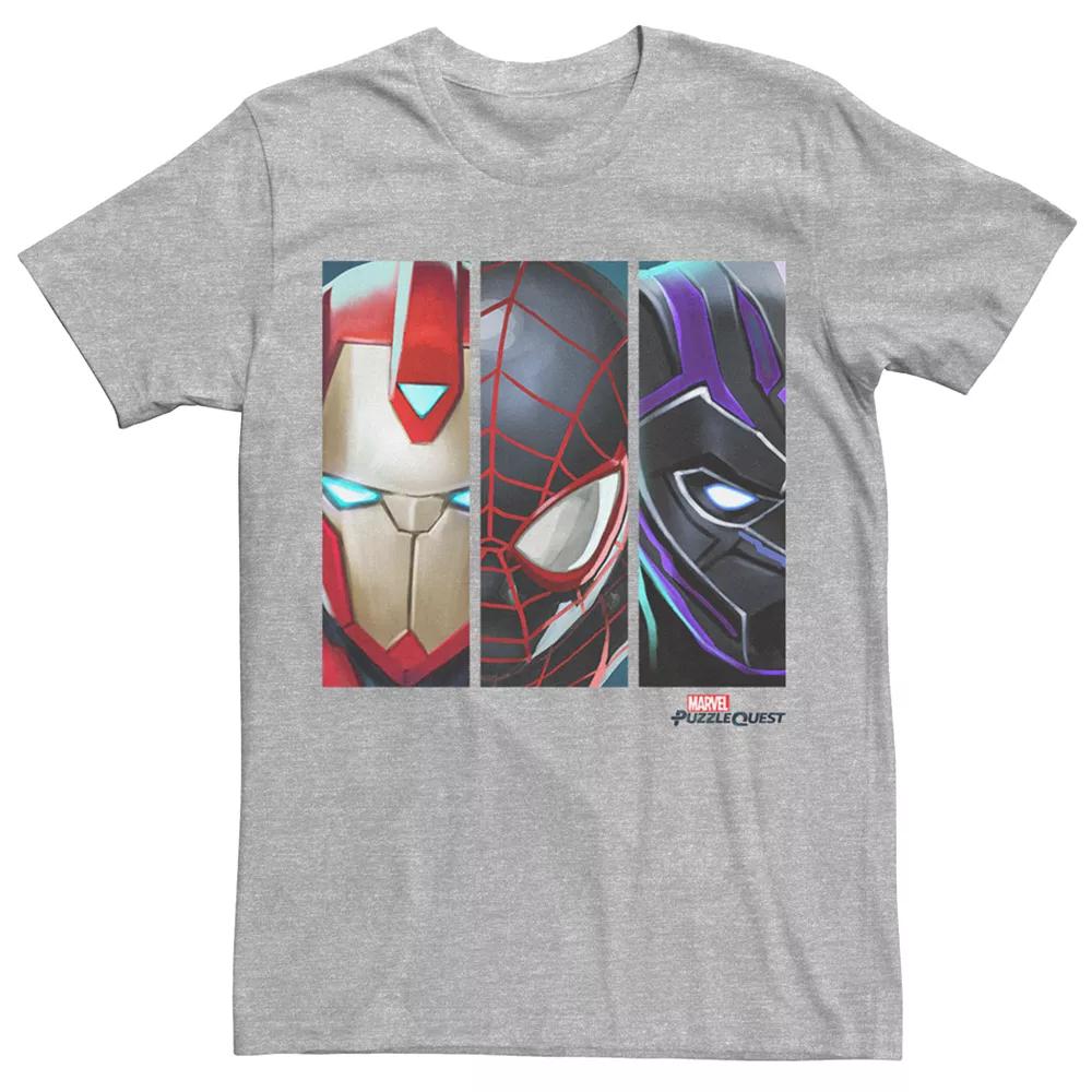 Men's Marvel Puzzle Quest Iron Man, Spider-Man & Black Panther Graphic Tee, Size: Medium, Athletic Grey Product Image