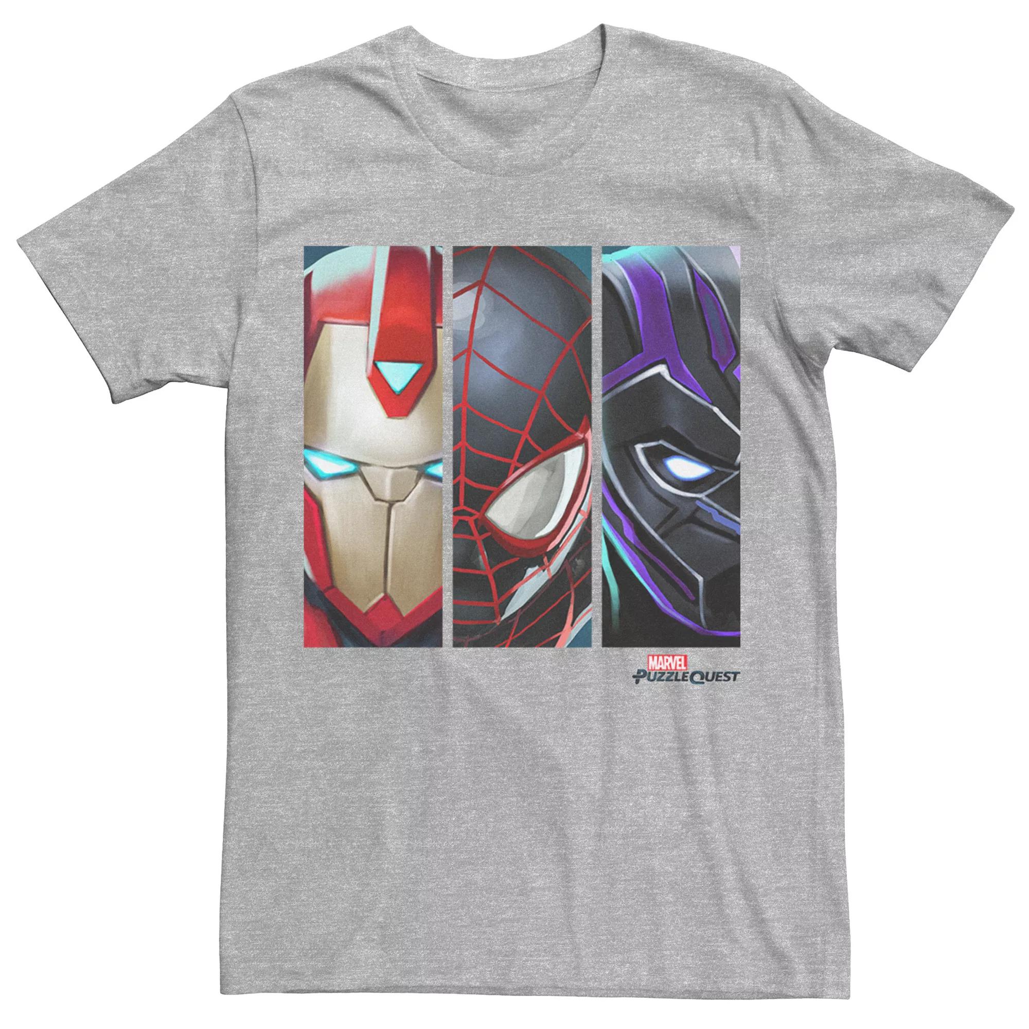 Men's Marvel Puzzle Quest Iron Man, Spider-Man & Black Panther Graphic Tee, Size: Medium, Athletic Grey Product Image