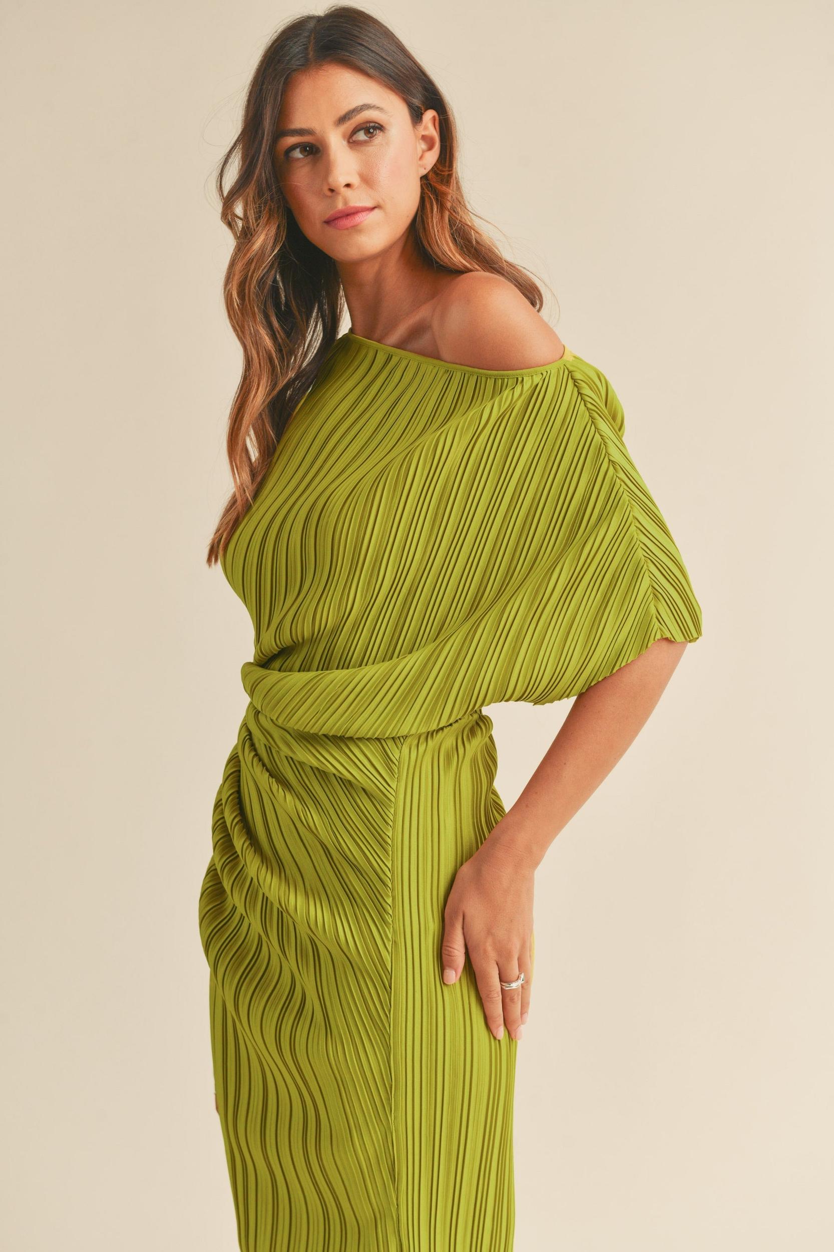One Shoulder Pleated Midi Dress Product Image