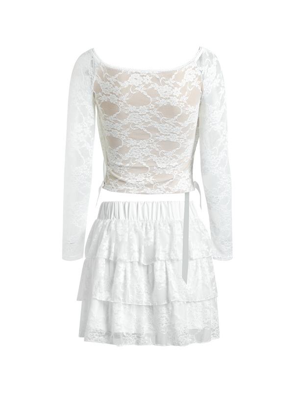 Lace Off Shoulder Tie Front Long Sleeve Tee & Tiered Skirt Set Product Image