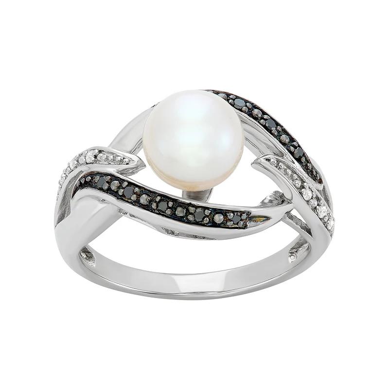 Freshwater Cultured Pearl, and Black and White Diamond Accent Sterling Silver Openwork Ring, Women's,  Product Image