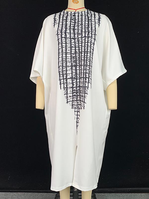 Loose Three-Quarter Sleeves Printed Split-Front Round-Neck Midi Dresses Product Image