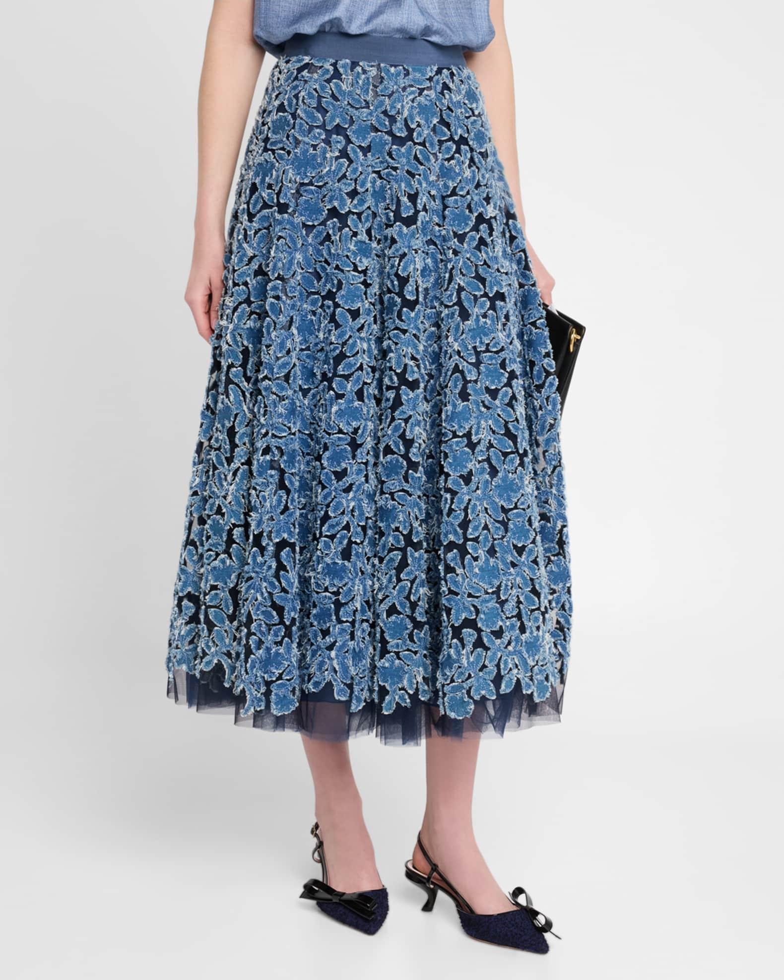 Denim Embroidered Tulle Midi Skirt Product Image