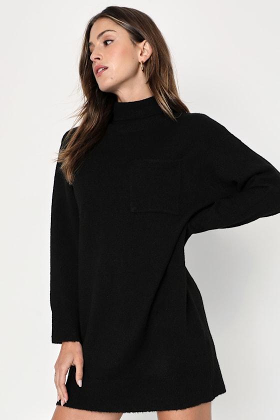 Positively Charming Black Turtleneck Mini Sweater Dress Product Image