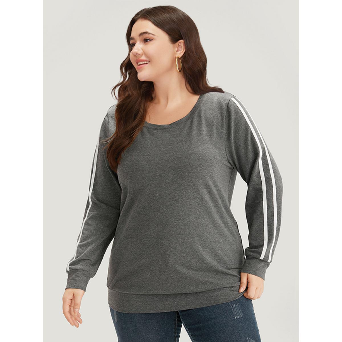Plus Size Contrast Trim Crew Neck Sweatshirt Women Gray Casual Elastic cuffs Round Neck Everyday Sweatshirts BloomChic 22-24/3X Product Image