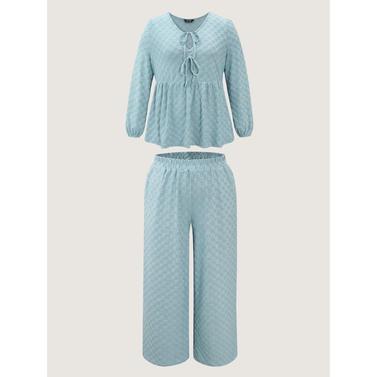 Plus Size Checkered Textured Co-ord Lounge Set Women LightBlue Tie knot Extra Long Sleeve V-neck Leisure Loungewear Sets BloomChic 30/6X Product Image