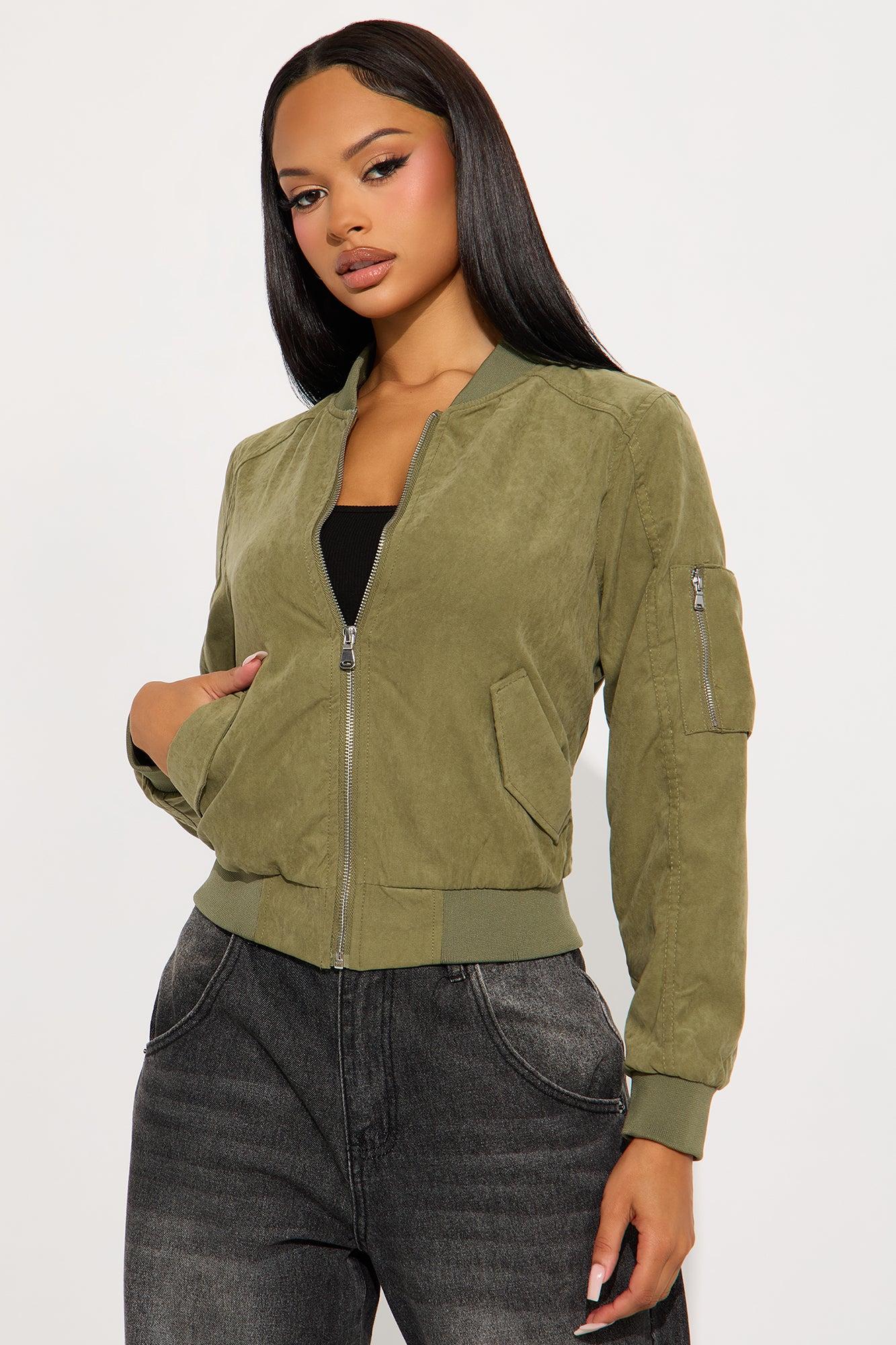 Good Vibes Faux Suede Bomber Jacket - Sage Female Product Image
