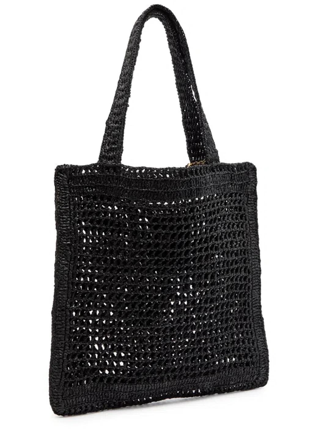 CHLOÉ Summer Banana Embellished Crocheted Embroidered Faux Raffia Tote In Black Product Image