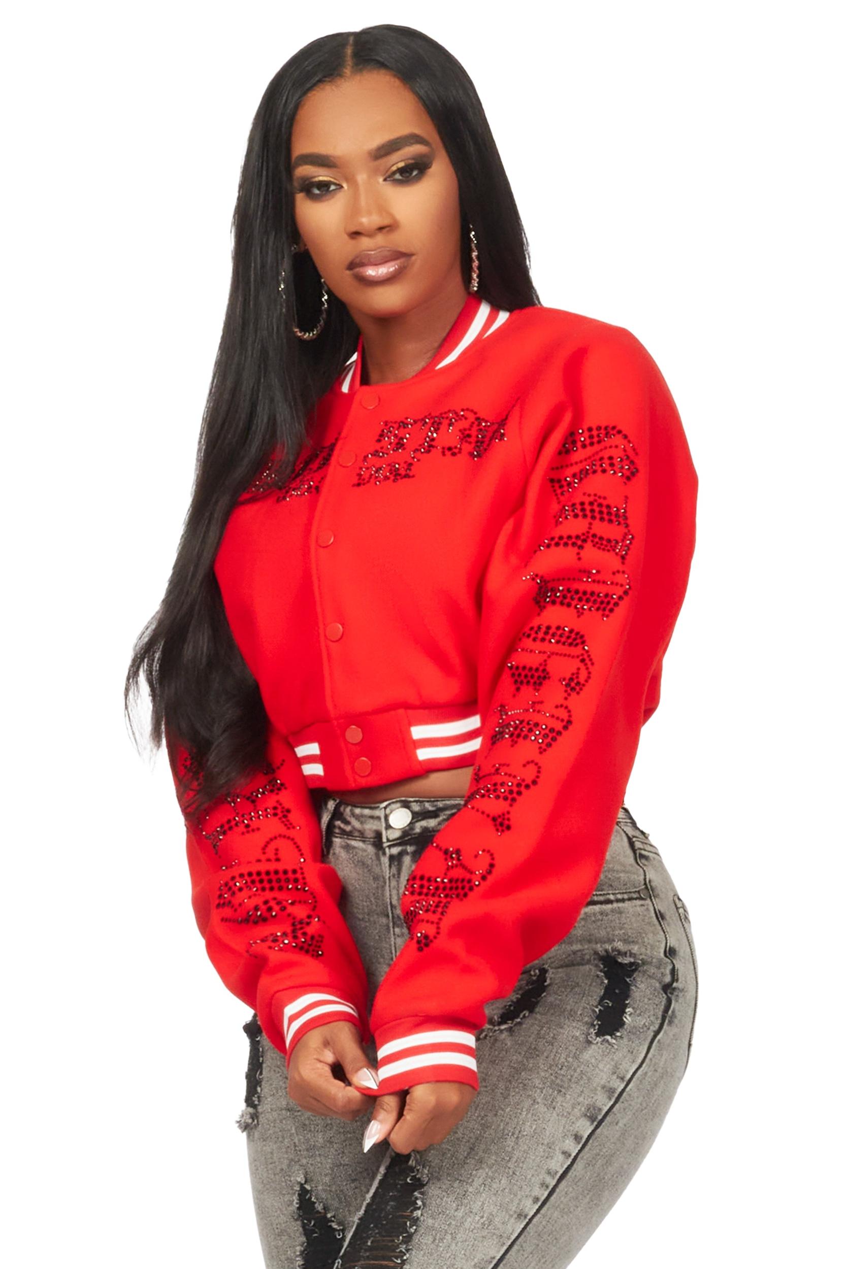 Gianni Red Crop Rhinestone Varsity Jacket Female Product Image