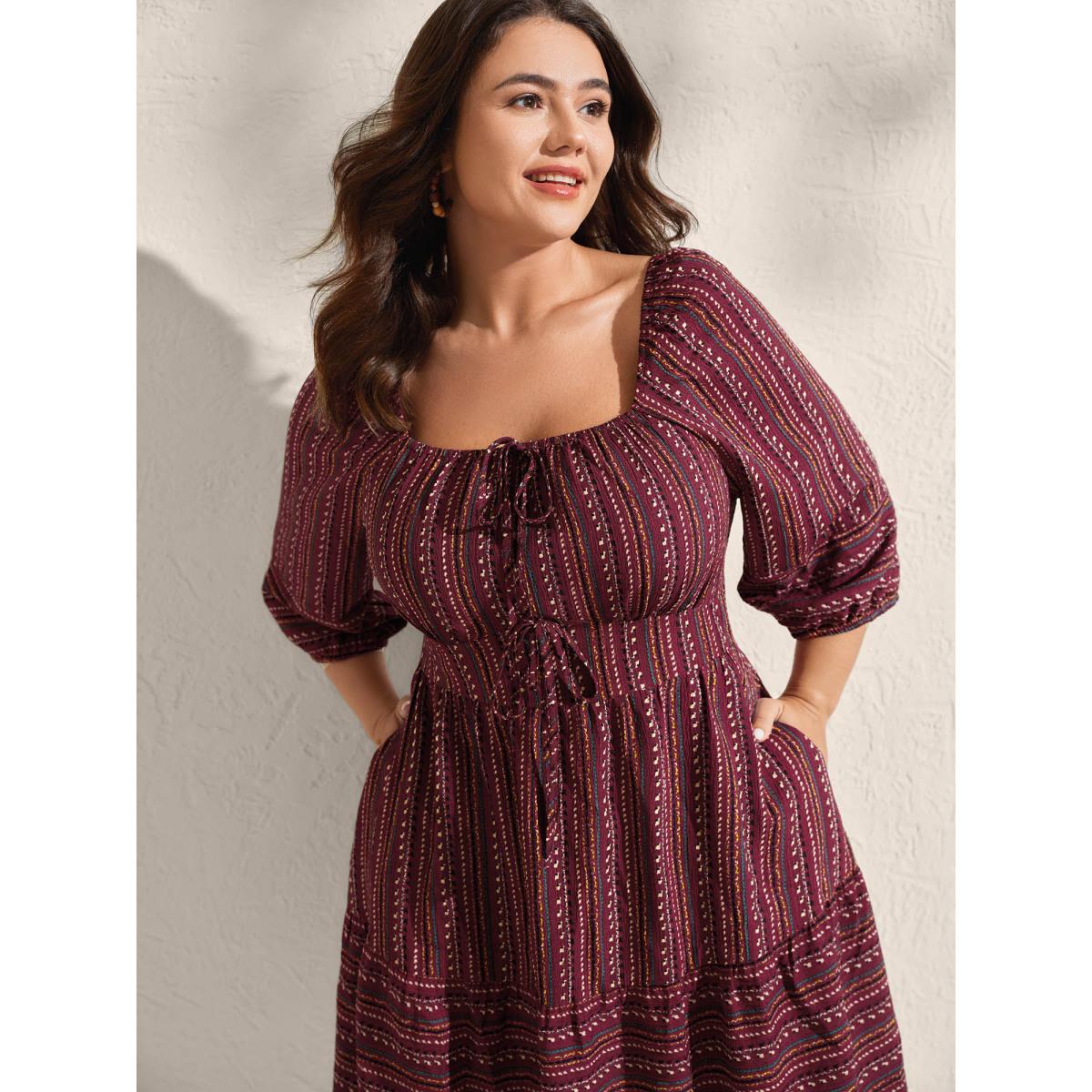 Plus Size Fall Stripes Cinched-Waist Tie Midi Dress Burgundy Women Boho Tie knot Square Neck Elbow-length sleeve Curvy BloomChic 12/L Product Image