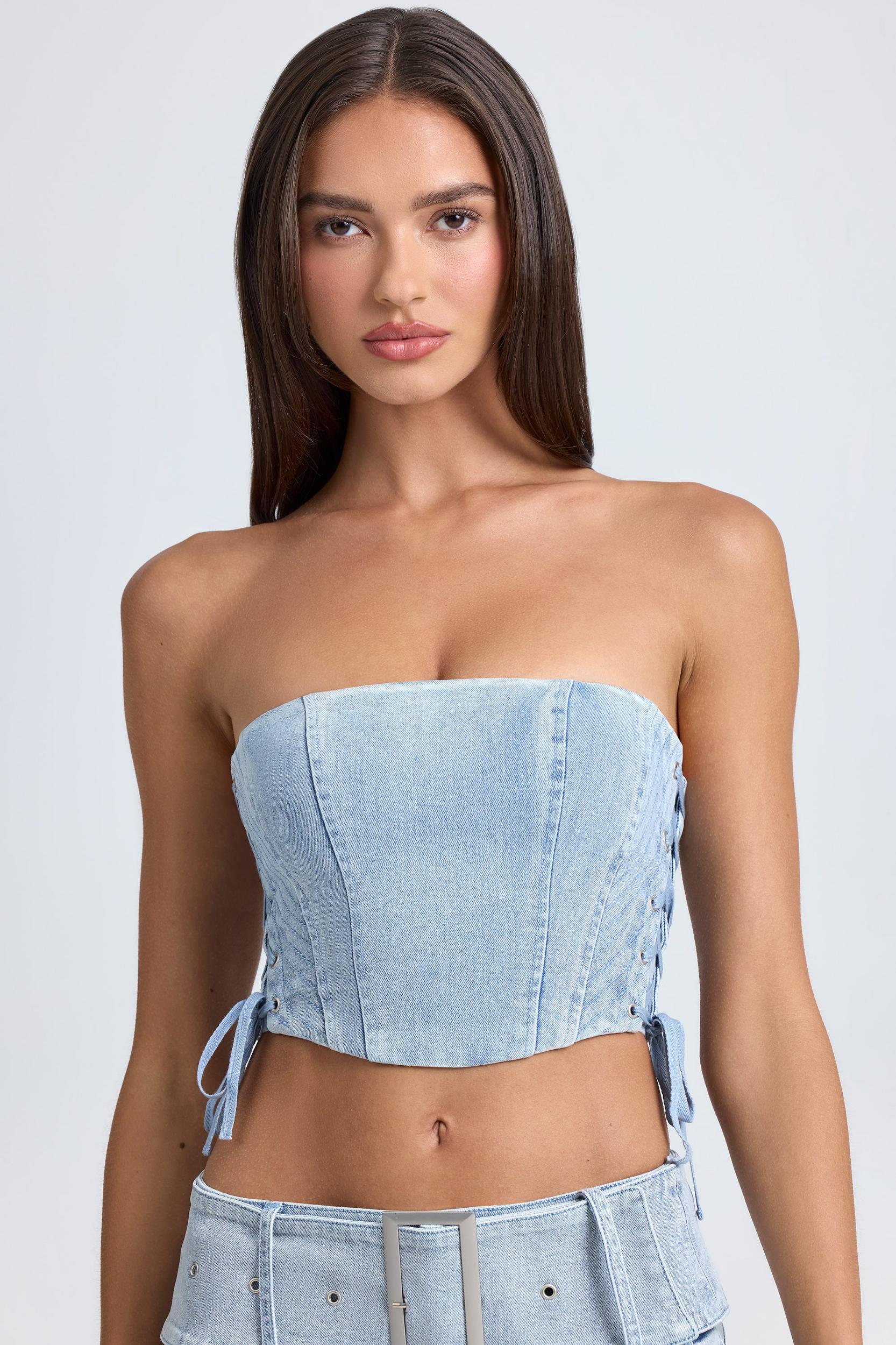 Bandeau Lace-Up Corset Crop Top in Light Blue Stonewash Product Image