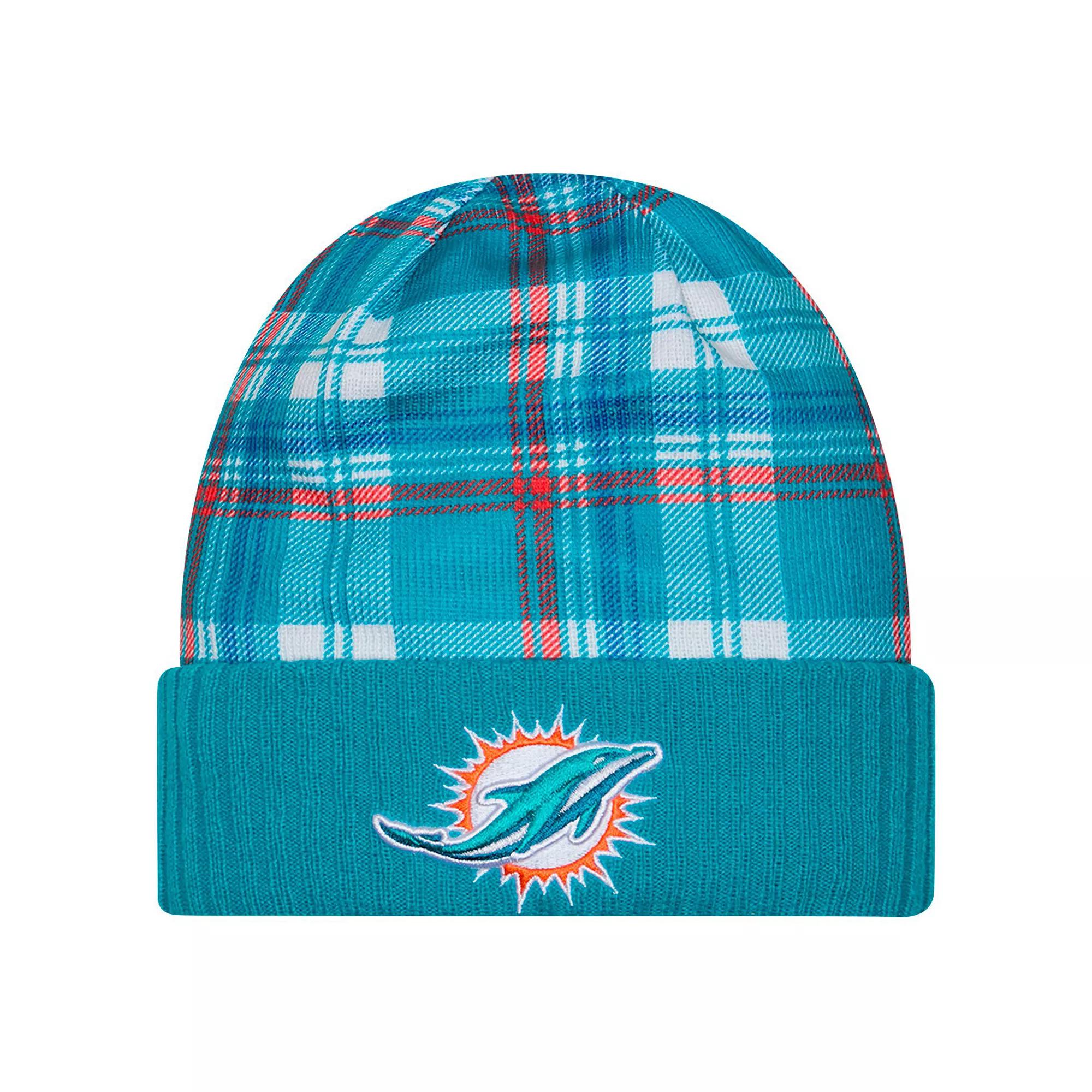 Men's New Era  Aqua Miami Dolphins Sideline Statement Cuffed Knit Hat, Turquoise A Product Image