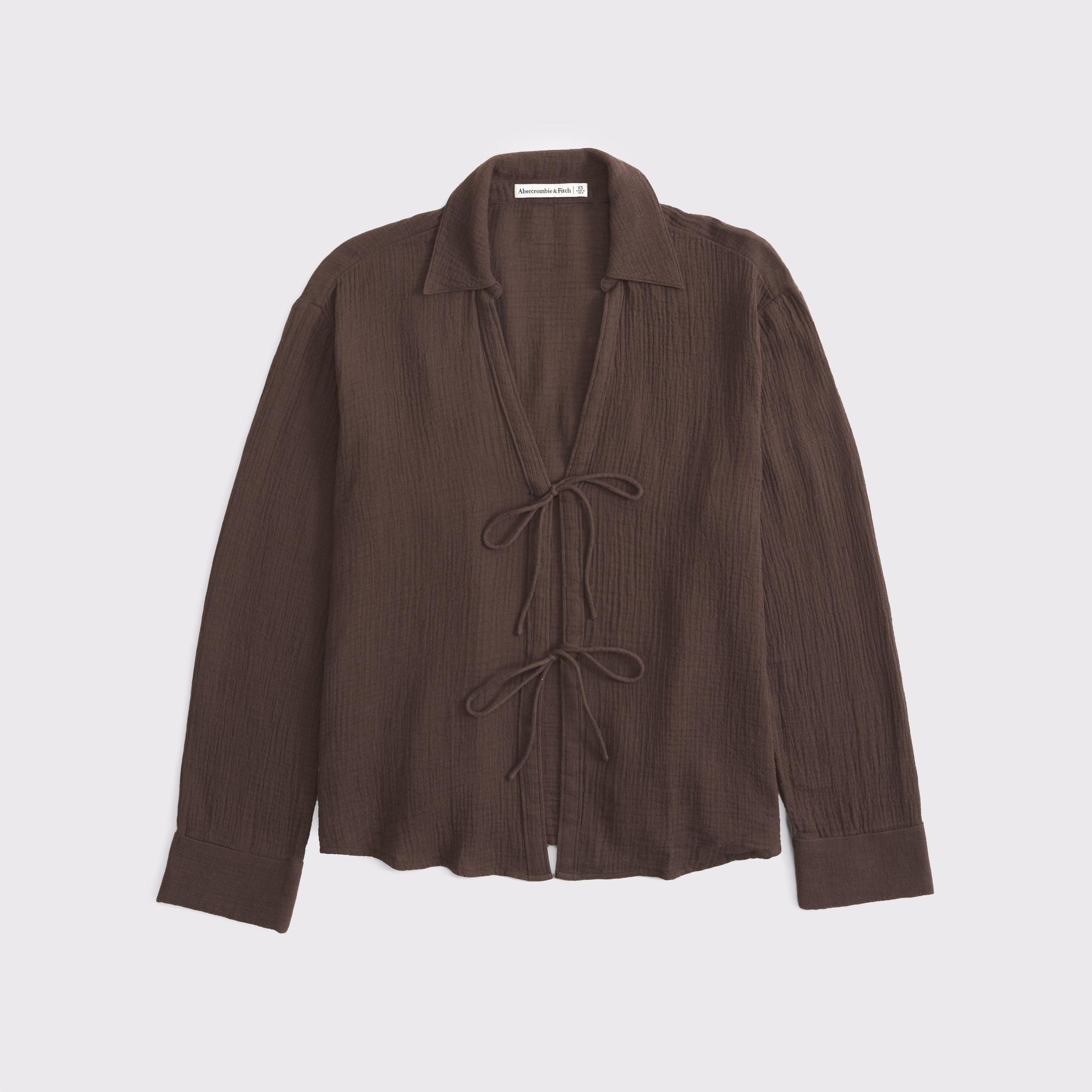 Long-Sleeve Oversized Tie-Front Gauzy Shirt Product Image