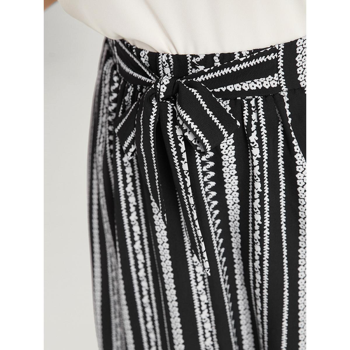 Plus Size Striped Bowknot Pocket Ruffle Trim Skirt Women Black Office Cross straps No stretch Pocket Work Skirts BloomChic 30/6X Product Image