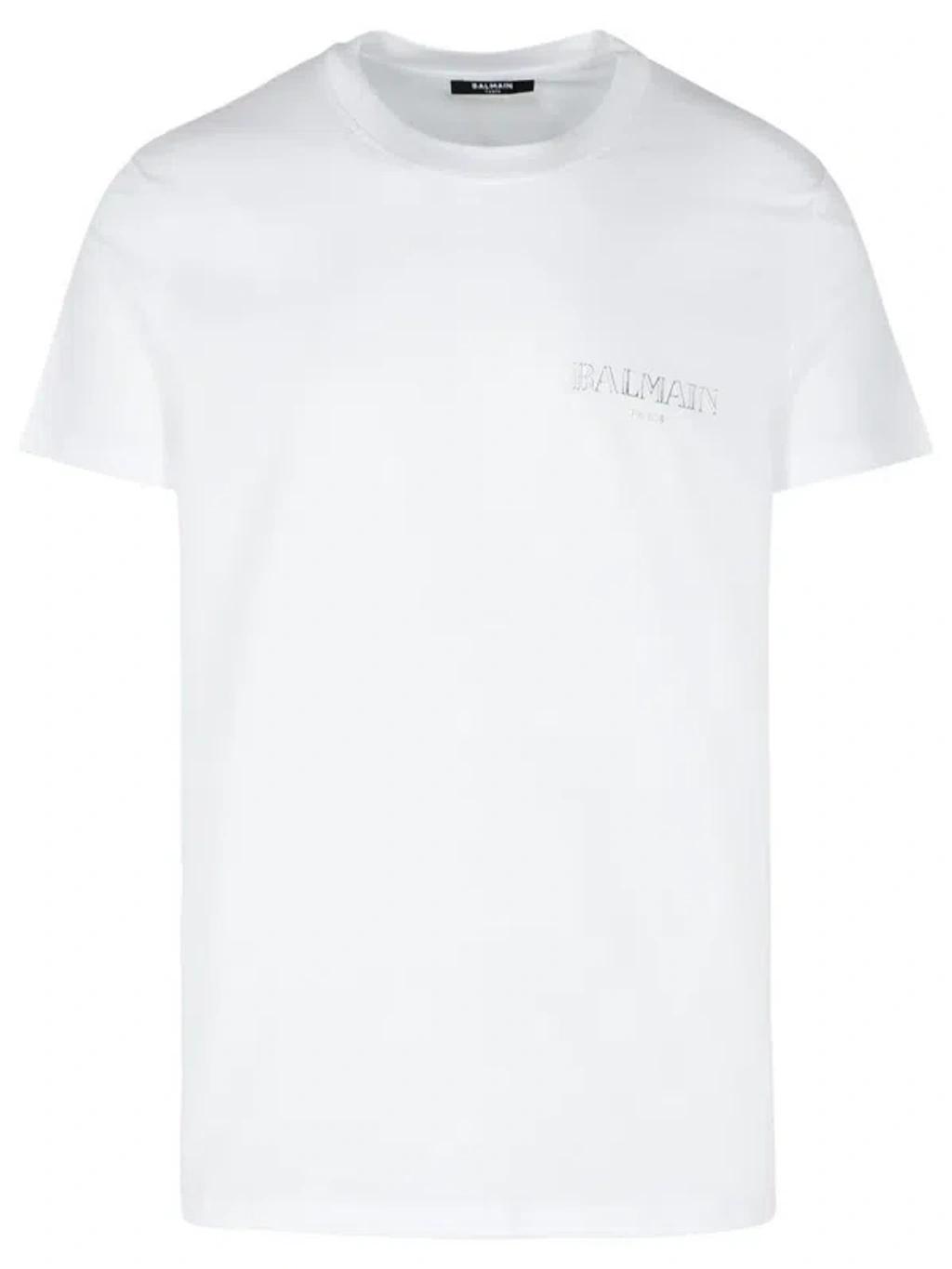 BALMAIN Flocked Logo Classic-fit T-shirt In White Product Image