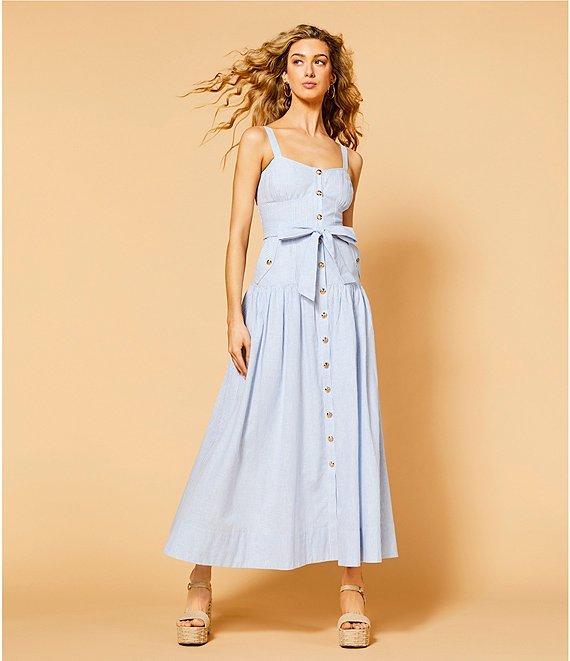 A Loves A Linen Stripe Sweetheart Neck Tank Strap Button Front Tie Drop Waist Flounce A-Line Maxi Dress Product Image