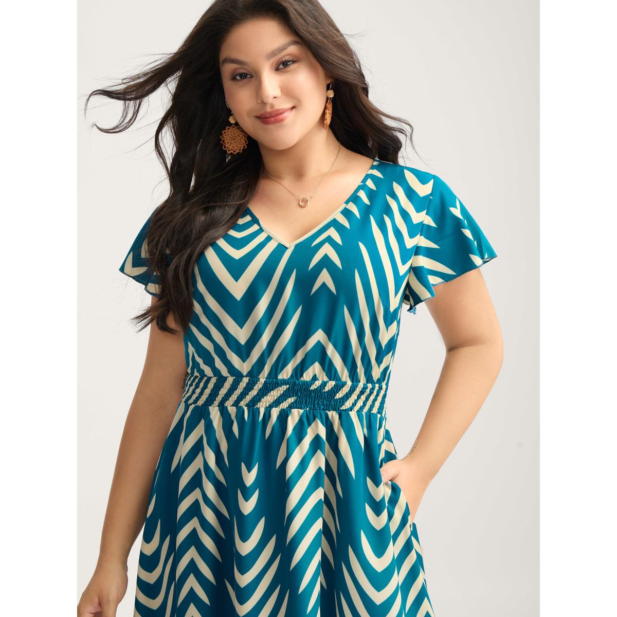 Plus Size Geometric Print Cinched-Waist Midi Dress Aegean Women Contrast V-neck Cap Sleeve Curvy BloomChic 26/4X Product Image