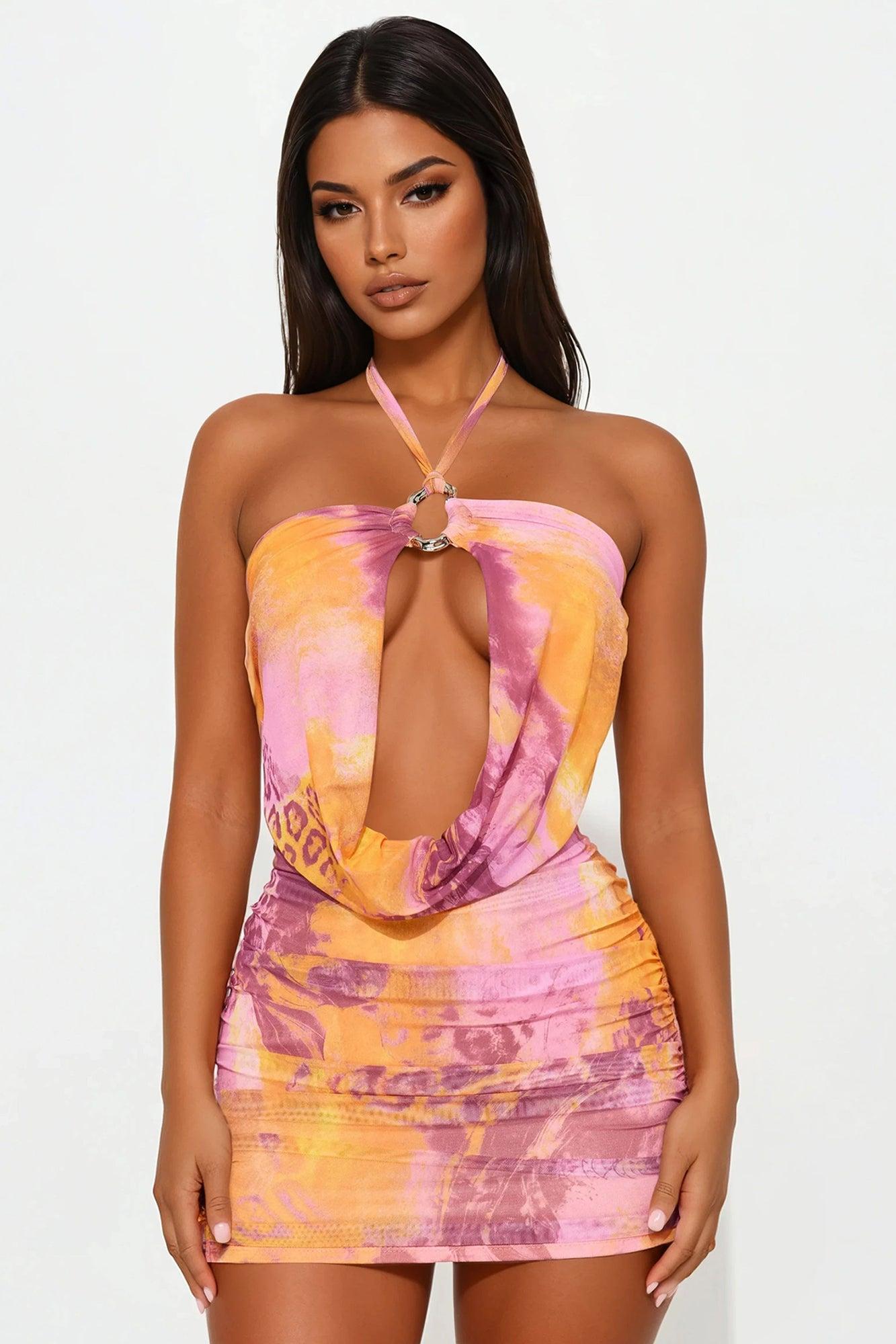 Good Sensation Mesh Halter Mini Dress - Orange/combo Product Image