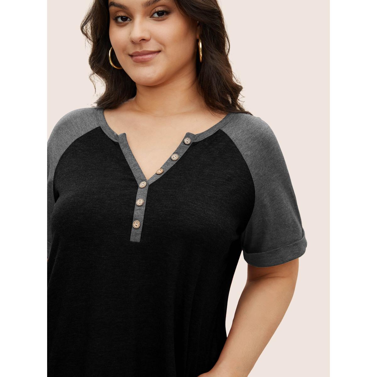 Plus Size Colorblock Contrast Roll Raglan Sleeve Button Detail Notched T-shirt Black Women Casual Contrast Colorblock Round Neck Everyday T-shirts BloomChic 12/L Product Image