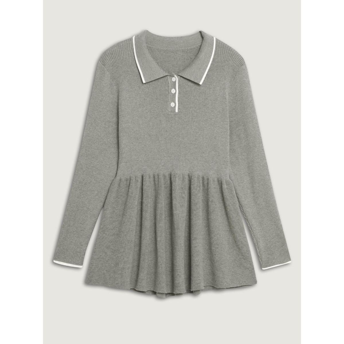 Plus Size Polo Collar Cinched-Waist Flared Pullover DarkGray Women Office Bodycon Long Sleeve Polo Office Pullovers BloomChic 28/5X Product Image