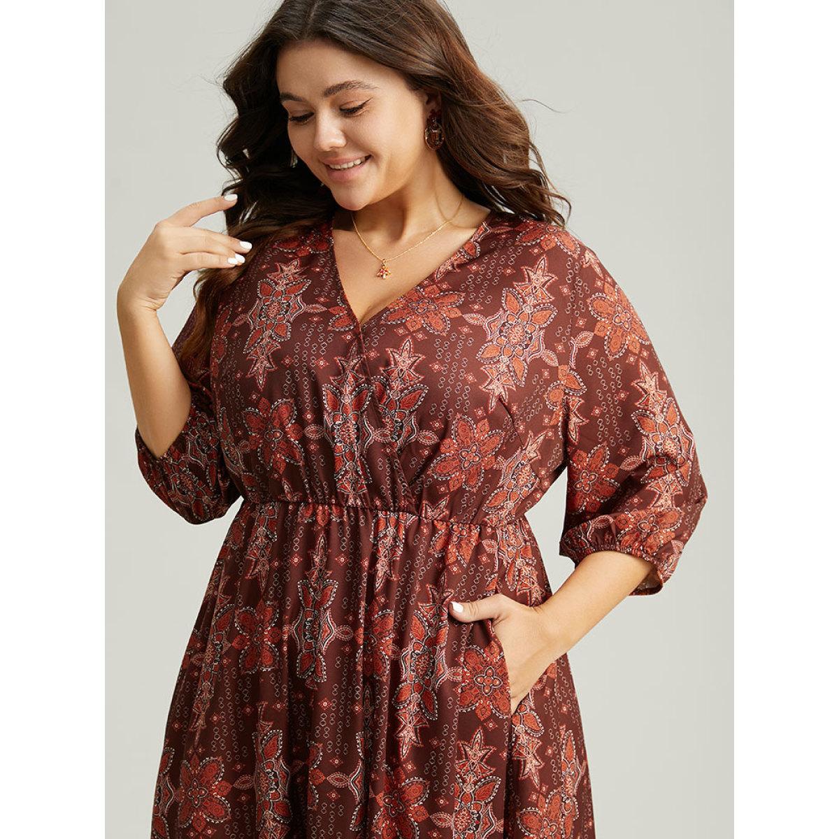 Plus Size Christmas Boho Print Wrap Ruffle Layered Hem Dress Raspberry Women Office Elastic cuffs Overlap Collar Elbow-length sleeve Curvy Midi Dress BloomChic 12/L Product Image